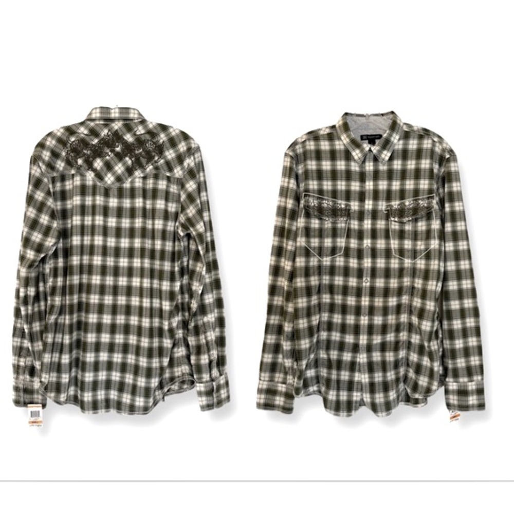 INC International Concepts Men’s Plaid Silver Metallic Snap Western Shirt Size S